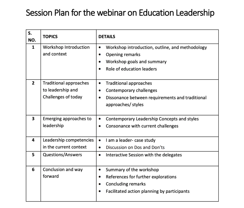 Session Plan for the webinar on Education Leadership 