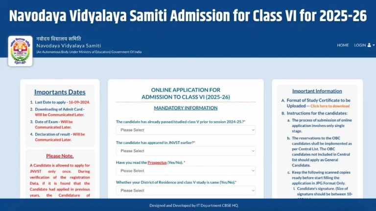 Navodaya Vidyalaya Samiti Admission for Class VI for 2025-26